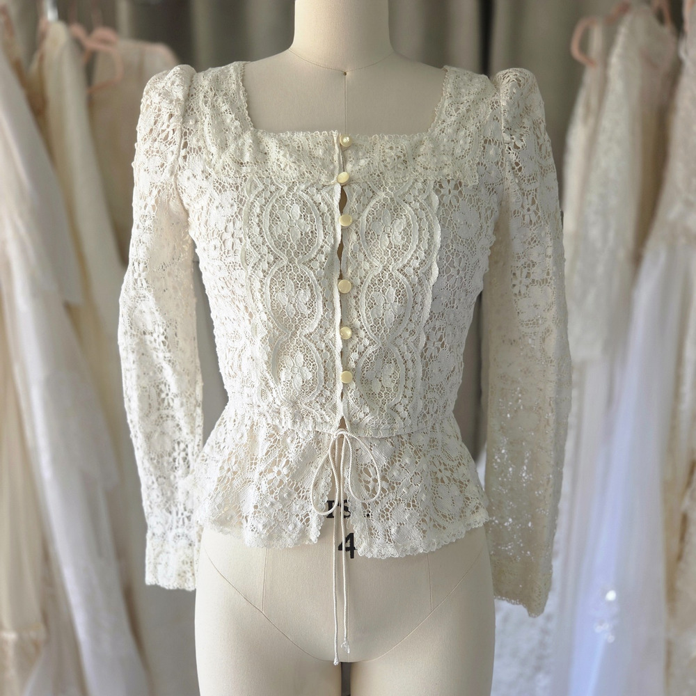 Gunne Sax Vintage 70s Crochet Lace Top Size S Ivory Romantic Edwardian Boho